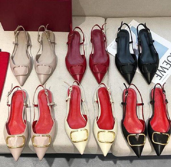 

designer flat shoes sandals brand metal v buckle pointed toe shiny rhinestone shallow genuine leather classics nude black matte women weddin