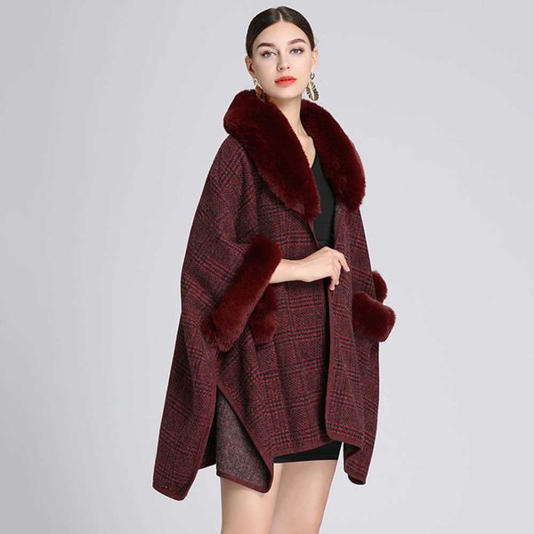 

women's fur faux fur faux rex rabbit fur collar cape coat women poncho jacket 2022 autumn winter imitation cashmere plaid cardigan cloa, Black