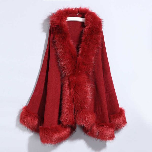 

women's fur faux winter coat cape plus size crochet poncho 2019 autumn warm outwear black cloak t221105