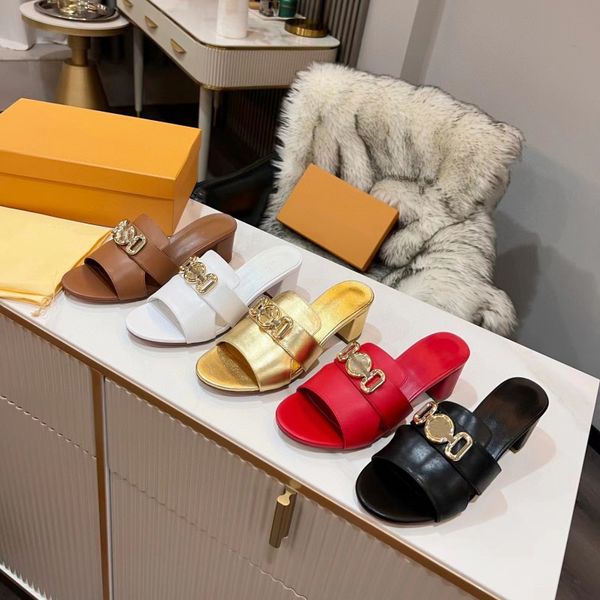 

slippers new designer women slides metal letter slippers classic luxury brand leather high heels chunky heel sandales indoor outdoor flip fl, Black