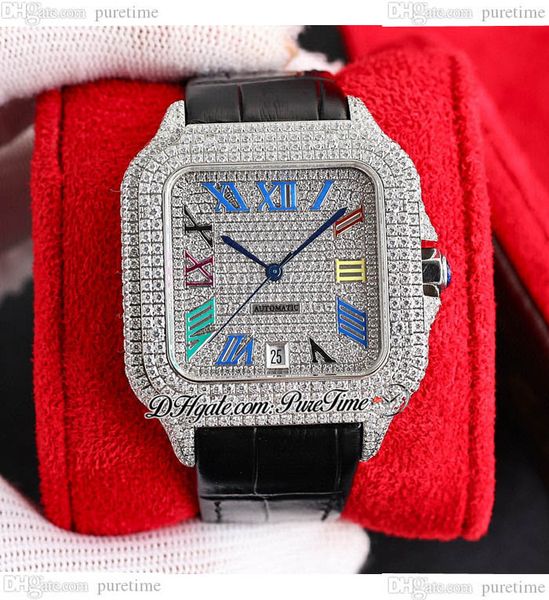 

twf twwssa0009 m8215 paved diamonds automatic mens watch 40 miyota fully iced out diamond dial colors roman markers black leather super edit, Slivery;brown