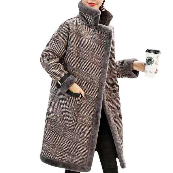 

women's fur faux fur 2022 wool coat women autumn winter jacket new sheep shear leather fur mid long coats velvet thick warm wool lady o, Black