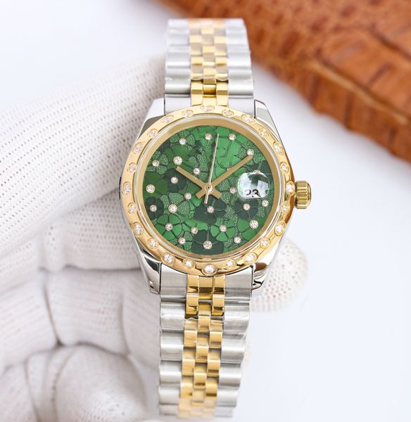 

gold women's watch 31mm blue diamond four leaf clover dial 904l stainless steel manual mechanical fashion luxury designer calendar watc, Slivery;brown