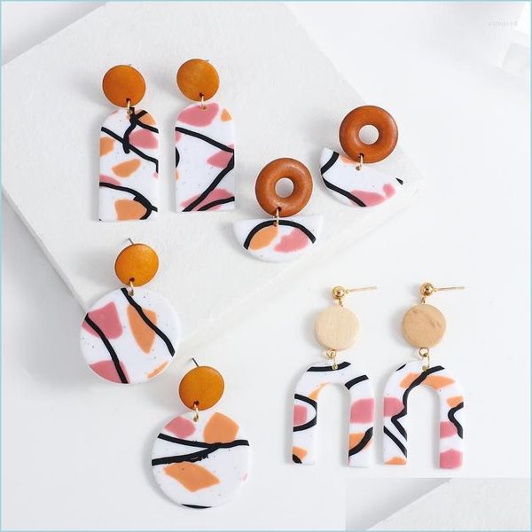 

dangle chandelier dangle earrings aensoa handmade abstract pattern wooden polymer clay drop for women geometric round arched hangi dhrgp, Silver