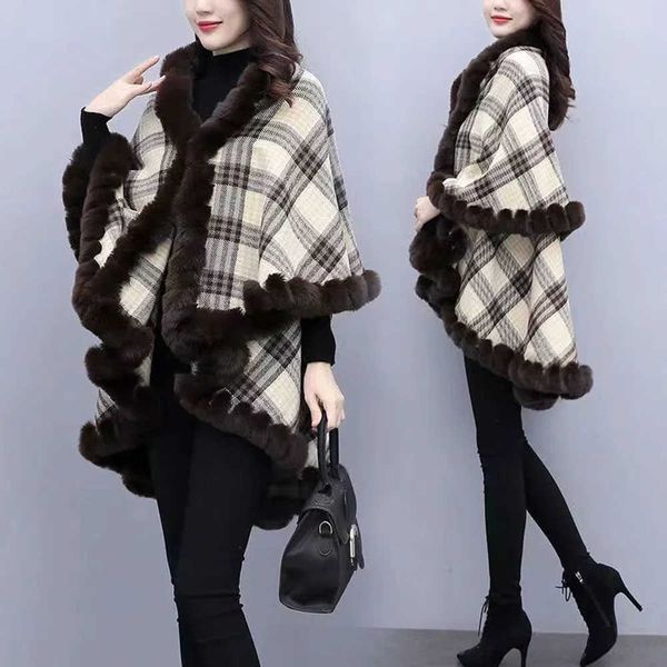 

women's fur faux fur winter plaid poncho jacket women elegant retro warm fur collar thicken cloak coat fashion loose cape office lady s, Black