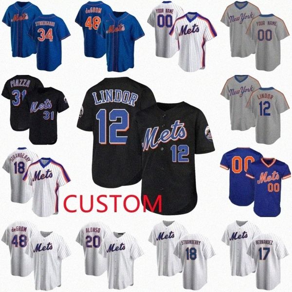 

custom mets baseball jersey francisco lindor jacob degrom pete alonso max scherzer mike piazza keith hernandez dominic smith chris bassitt s, Black