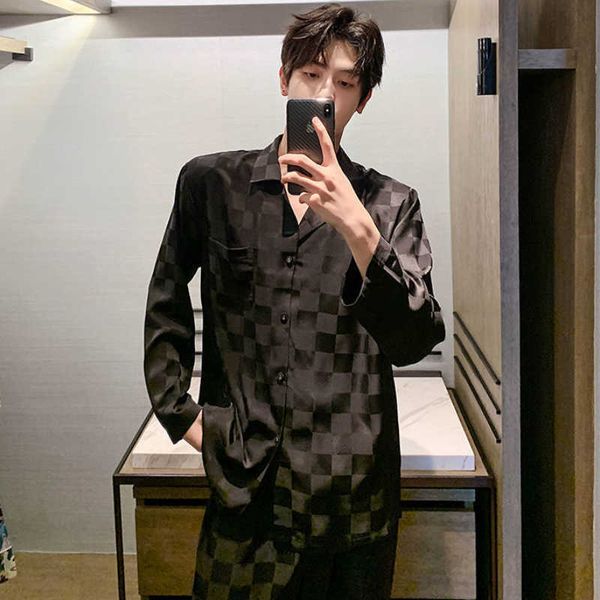 

men's sleepwear men's pajamas men's spring and autumn long sleeve thin pajamas ice silk summer imitation silk homewear suit t, Black;brown