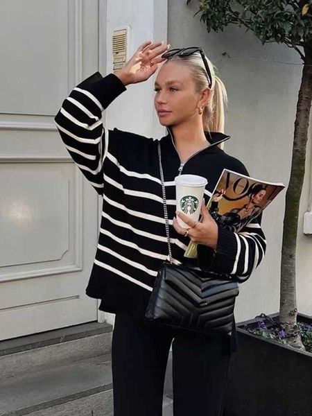 

sweaters ladies autumn winter women pullovers zipper oversized loose striped casual knit chic jumper female y2211, White;black