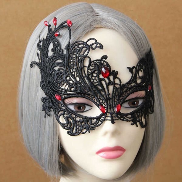 

black death zombie lace mask with burgundy rhinestone gothic style black halloween masquerade ladies half-face masks, Golden;white