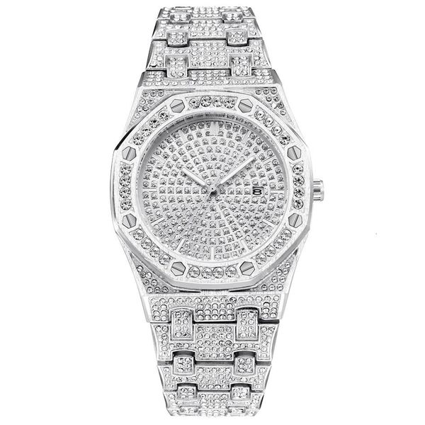 

bling diamond watch for men iced out luxury mens quartz watches man dress wristwatch silver stainless steel relogio masculino sh19234c, Slivery;brown