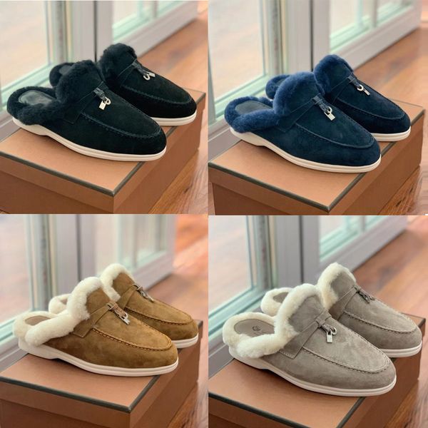 

loro piana for women embellished wool slippers macaroon mule shoes flats factory footwear summer charms walk suede leather casual slip on lu, Black