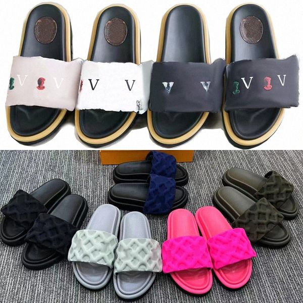 

lm with box pool pillow flat comfort slippers embossed mules sandal luxury men designer slides women shoes pink triple black ivory beige car
