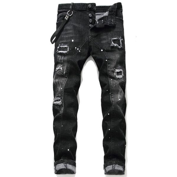 

unique mens distressed ripped blue skinny jeans fashion designer slim fit washed motocycle denim pants panelled hip hop biker trou225k