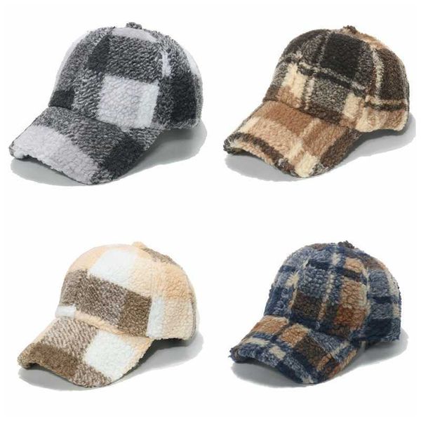 

fashion designers cross-border hats winter lamb fur peaked cap curved brim warm british style retro classic plaid baseball cap men and women, Blue;gray