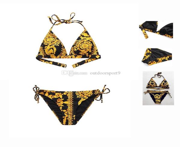 

designer ladies summer beach one set bikini gold print women s flowers bra 2 piece waist tie swimwear swimsuit6086551