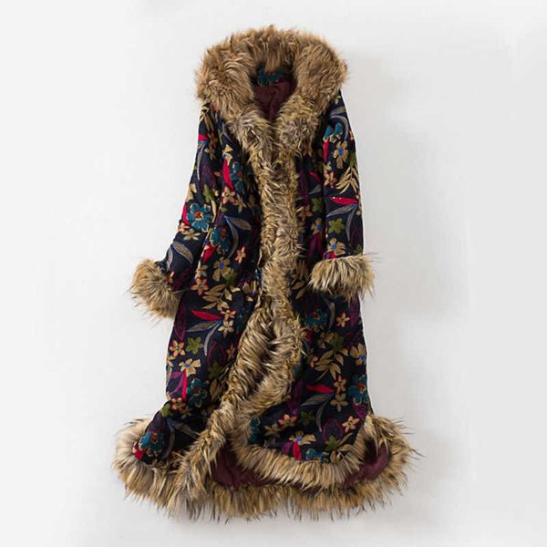 

women's fur faux fur ethnic style winter coat fur collar long dust coat windbreaker cotton linen vintage cotton padded clothes jaqueta, Black