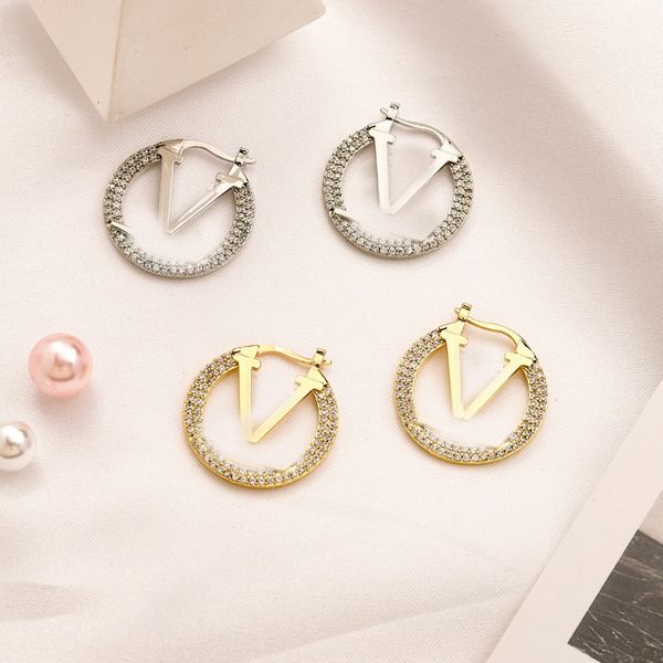 

designer hoop pendant crystal rhinestones earrings big circle for women earring luxurys designers letter v stud earrings gift, Golden;silver