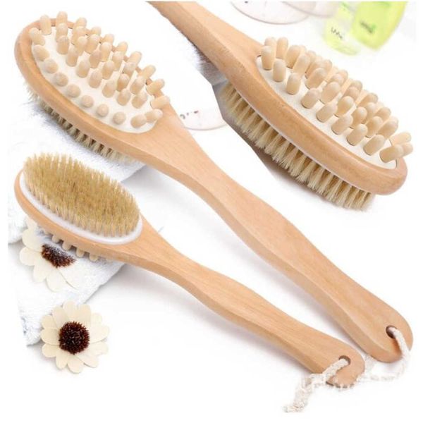 

2-in-1 sided natural bristle body brush double sided body scrubber massage brush long handle spa shower brush depurador de cuerpo