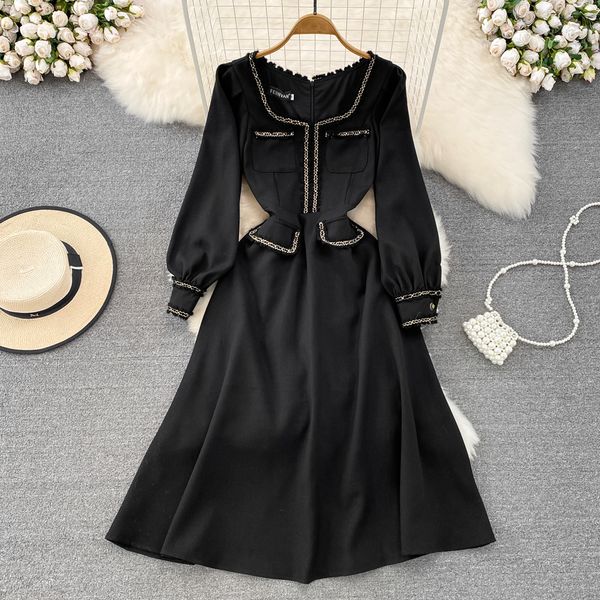 

french retro hepburn elegant dress temperament bubble long sleeve square neck waist slim a-line dress, Black;gray