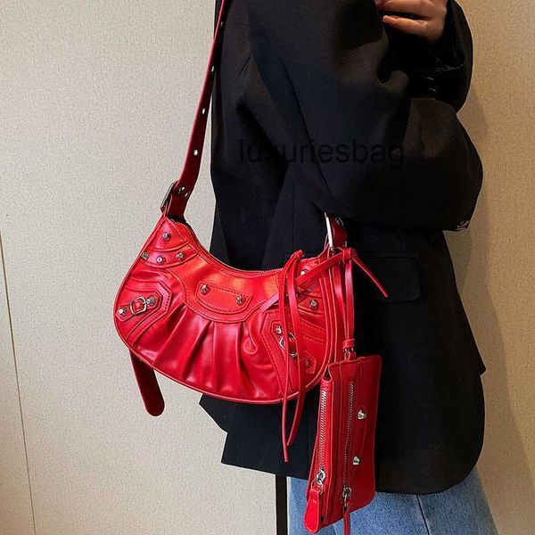 

balenicass leather classic lecagole motorcycle bag 2022 new cool metal rivet pleated wide wallet crossbody women's ins