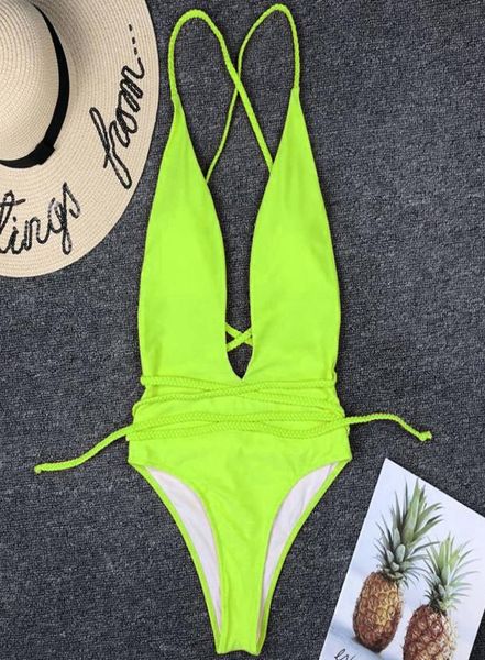 

diy long strap around neon one piece swimsuit female high leg cut swimwear women deep v neck monokini 2019 bathing suit bodysuit4282804