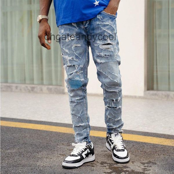 

jeans amirs designer jean mens pant 22 european fashion brand washed water blue cattle worn out holes slim fitting little leg jeans men