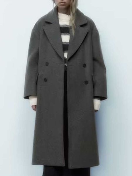 

women's fur faux fur traf elegant ladies loose woolen coat 2022 winter simple double breasted long sleeve outwear warm basic female fas, Black