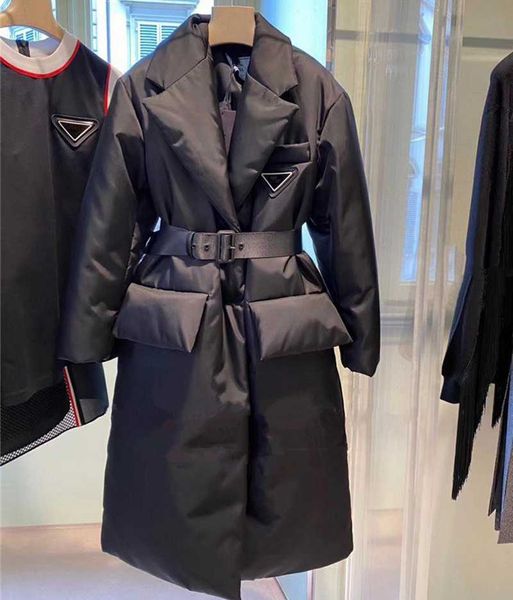 

women's designer down jacket winter jacket long coat warm fashion parka belt women's large pocket, Black