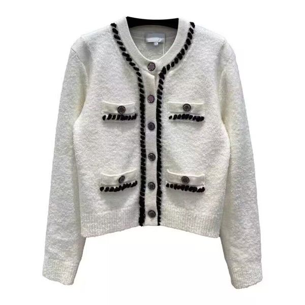 

2022 woven contrast line wool sweater cardigan women new autumn o-neck long sleeve single breasted pockets knitted sweet, White;black