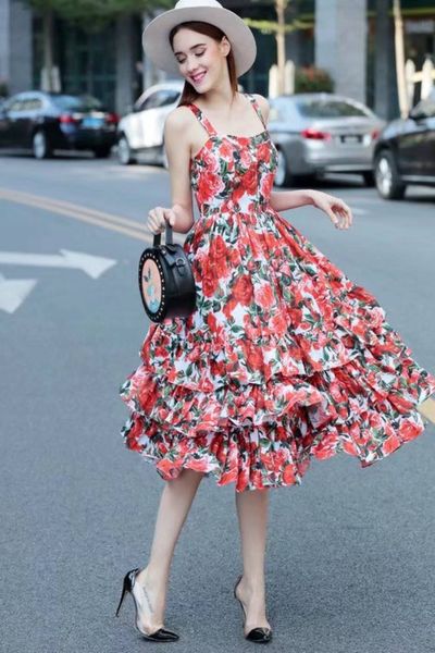 

runway dresses spring/summer catwalk rose print style halter medium length cake beach dress, Black