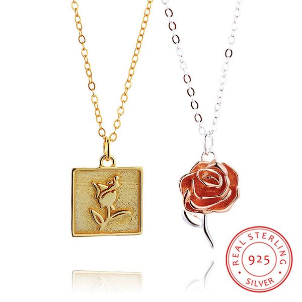 

sterling 100% 925 silver rose pendant necklace gold plated romantic necklaces jewelry new design for valentine's day gift