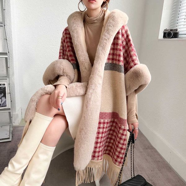 

women's fur faux fur spring fashion soft faux rex rabbit fur plaid coat women winter loose cape wool blends overcoat turn-down collar t, Black