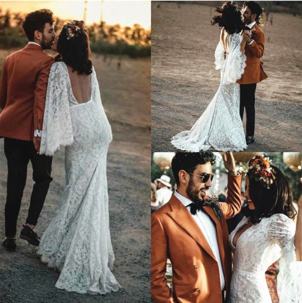 

boho wedding dress mermaid lace long flare sleeve open backless deep v neck hippie bridal gowns bohemian vestido de noiva, White