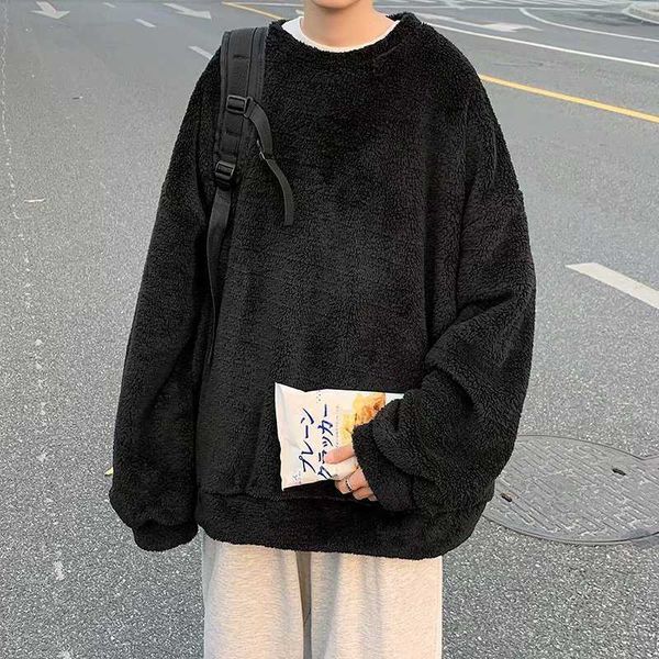 

solid round neck sweater for men loose fashion handsome lazy wind net red double-sided for students pullover, Black