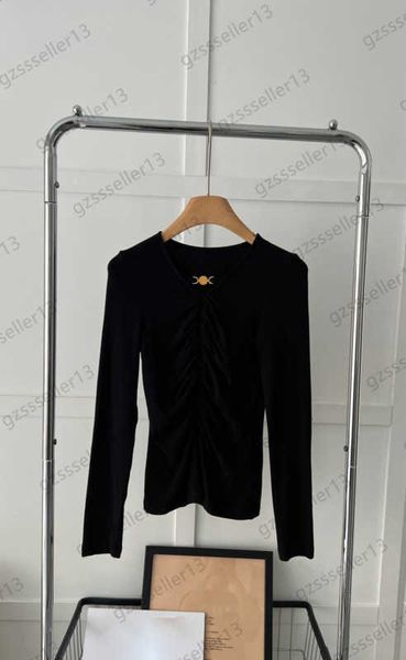 

fashion women clothes t-shirts elastic soft fabric front fold cut-out buttons decorated tees long sleeve tight crew-neck pullover t-shirt wo, White