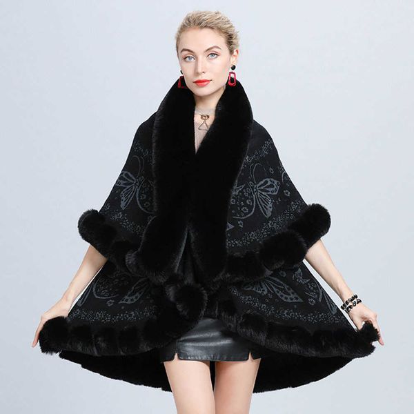 

women's fur faux winter 6 color warm 2 layers jacquard weave thicken poncho cape womens overcoat loose cloak cardigan retro coat t22110, Black