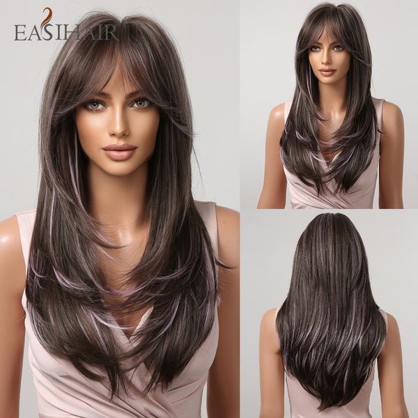 

long straight brown mixed purple synthetic wigs with bangs highlight blonde layered wigs for women daily heat resistantfactory direct, Black