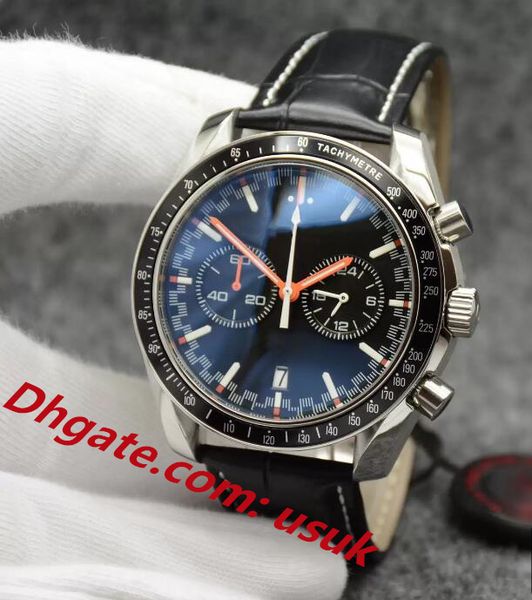 

3a quality mens watches 44mm quartz chronograph date men watch red hands black leather strap fixed bezel with a ring showing tachymeter mark, Slivery;brown