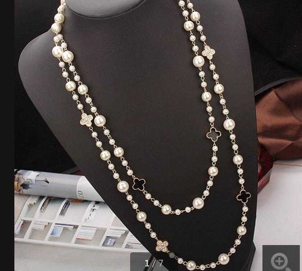 

long sweater chain women's autumn and winter rose gold electroplating four-leaf clover double pearl necklace gc811, Silver