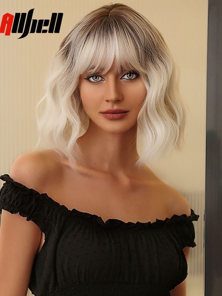 

lx brand platinum blonde ombre synthetic wigs with bang for women short wavy lolita halloween cosplay bob wig natural hair heat resistantfac, Black