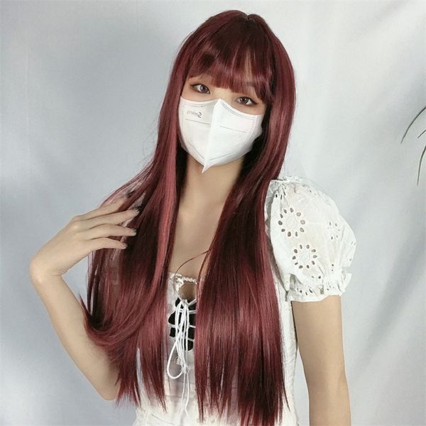 

europe and united states colored wigs long wine-red straight hair with fringe dyed chemical fiber hood, Black