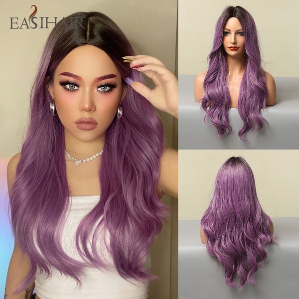 

ombre black purple long wavy synthetic wigs for women heat resistant natural middle part cosplay party lolita hair wigsfactory direct