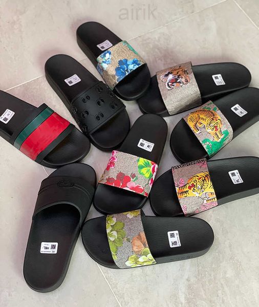 

designer rubber slide sandal floral brocade men slippers flip flops women striped tiger bee fashion summer beach causal slipper, Black