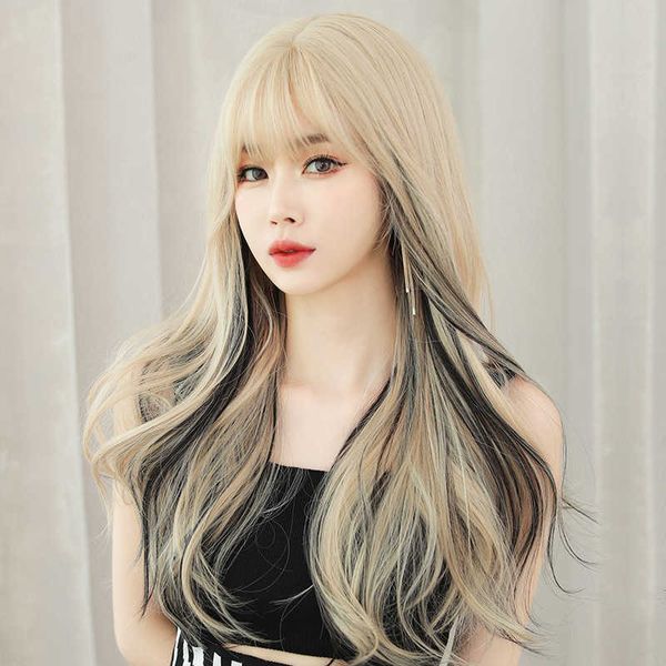 

hair lace wigs wig women's long curly head wind qi bangs pick dyeing fashion big wave hair set, Black