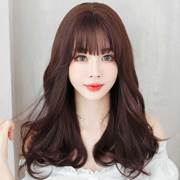 

hair lace wigs wig female curly elegant wavy natural head korean air bangs medium long hair set, Black