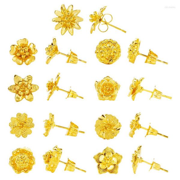 

stud earrings 2022 charm authentic pure 24k yellow gold flower shape for women daily wear earring jewelry, Golden;silver
