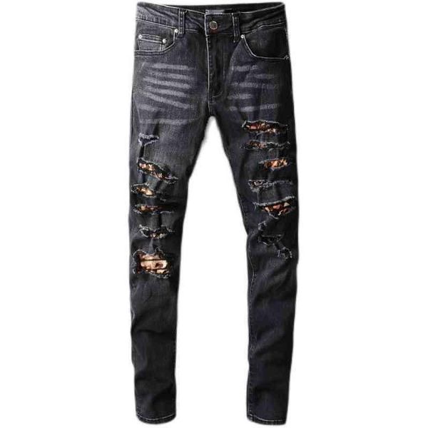 

amirs mens jeans designer chao brand knife cut printed pasted cloth splicing patch high street damage elastic men's slim amirs jeans 81, Blue