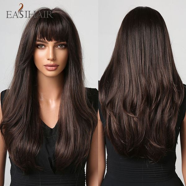 

dark brown black long wavy synthetic wigs with bang natural wave hair wig for black women daily cosplay heat resistantfactory direct