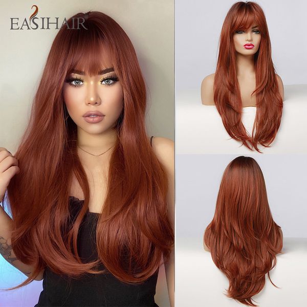 

red brown dark root synthetic long wavy wigs with bangs colored fiber hair cosplay wigs for black women heat resistantfactory direct