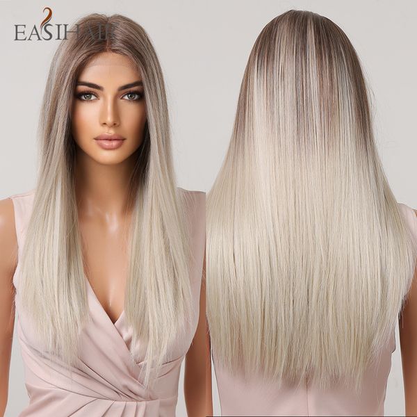 

ombre brown platinum blonde lace front synthetic wigs with baby hair long silky straight lace wigs heat resistant fiberfactory direct, Black